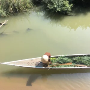 Eine Person mit traditionellem Hut steuert ein schmales Boot auf einem Fluss, passend zur Reiseerzählung von Sonnenkind Yoga.